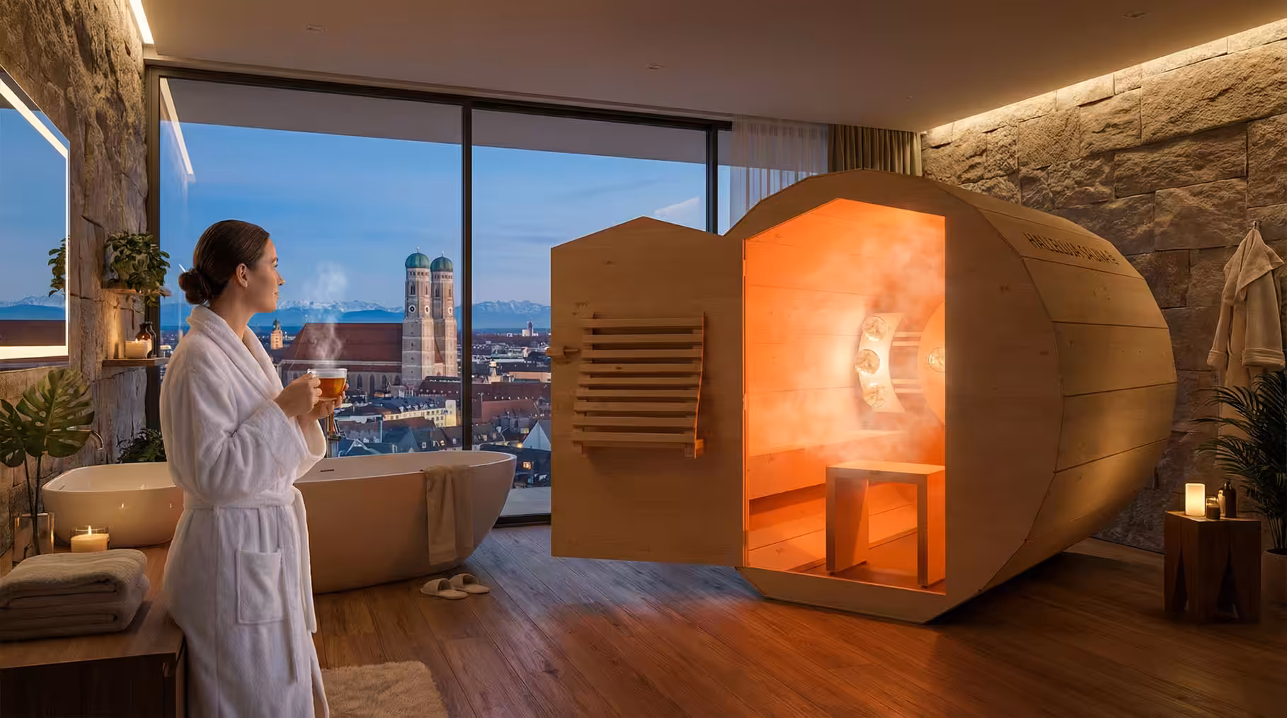 Frau steht in München am Fenster, eine Tasse Tee in der Hand und genießt die Ruhe, die sie in der Halleluja Sauna® erlebt.